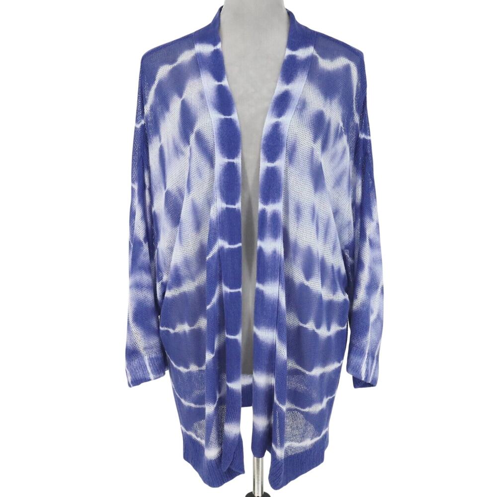 Chicos Sweater 2 Womens Large 12 Blue White Cardigan Open Front Tie Dye Knit